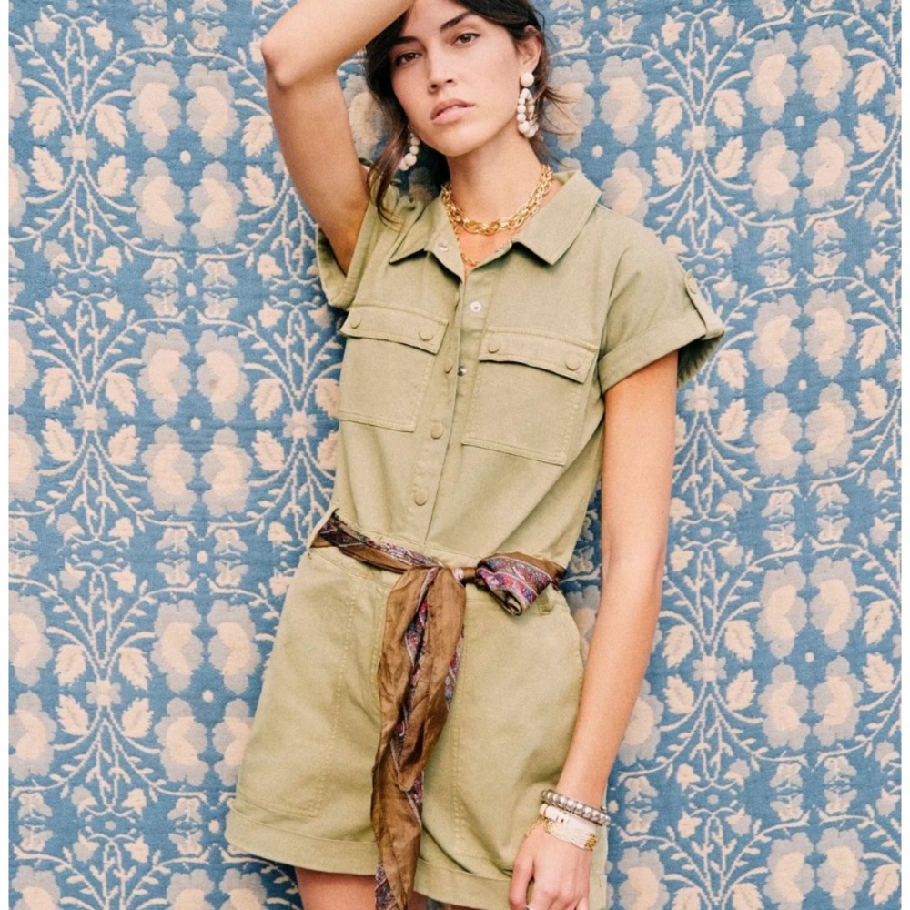 Sezane Olive Green Utility Short-Sleeve Romper